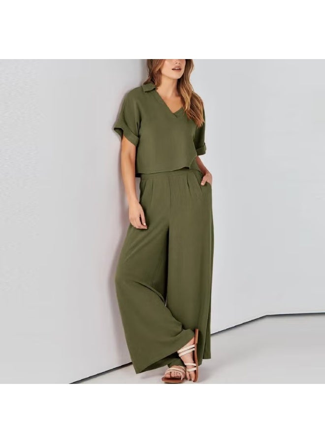 Barbora Elegant Women's T-Shirt and Long Pants Top and Bottom Two Piece Set V Neck Short Sleeve Casual Casual Dress LN27HAKI2 - Image 4